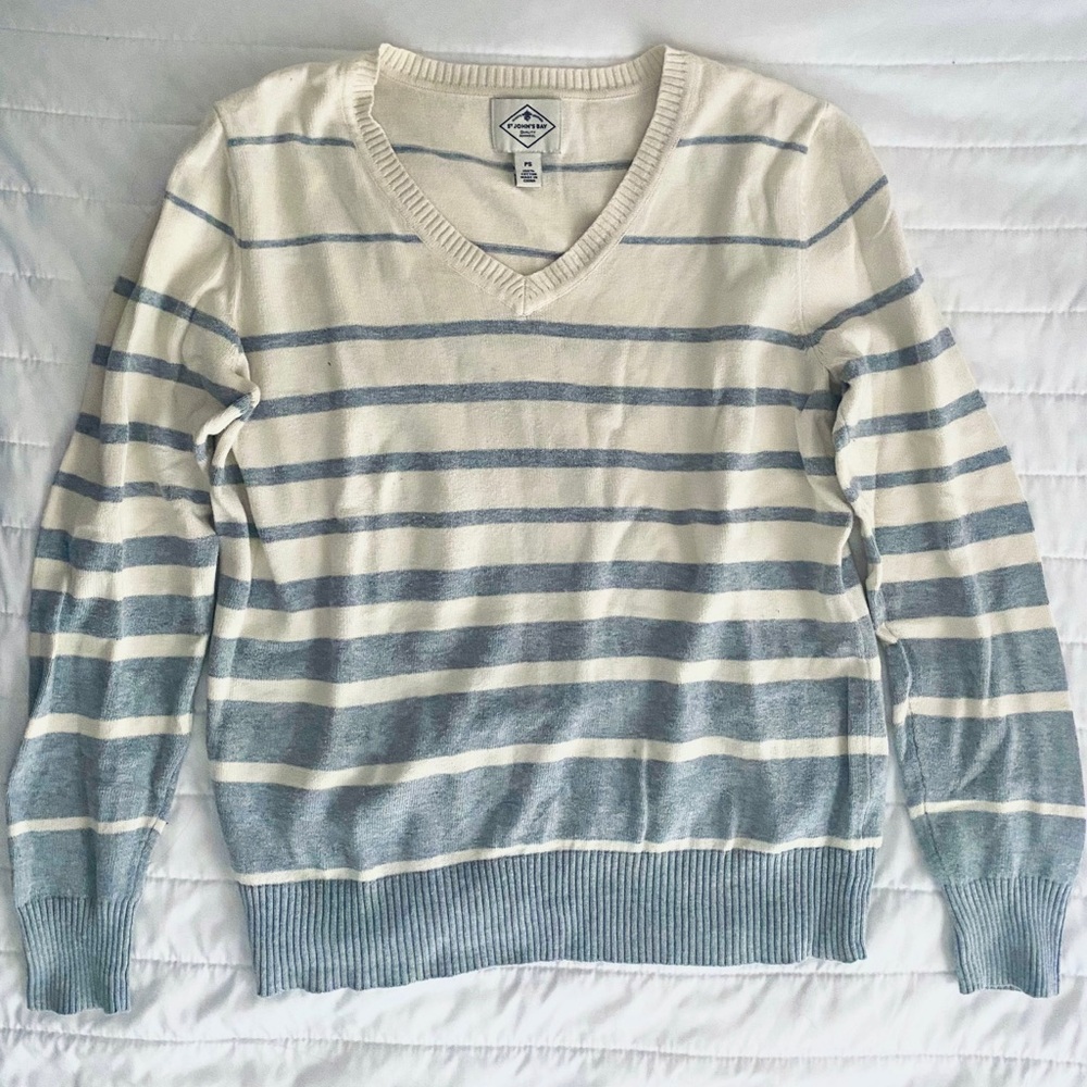 Cream & Gray Striped V-Neck Sweater
